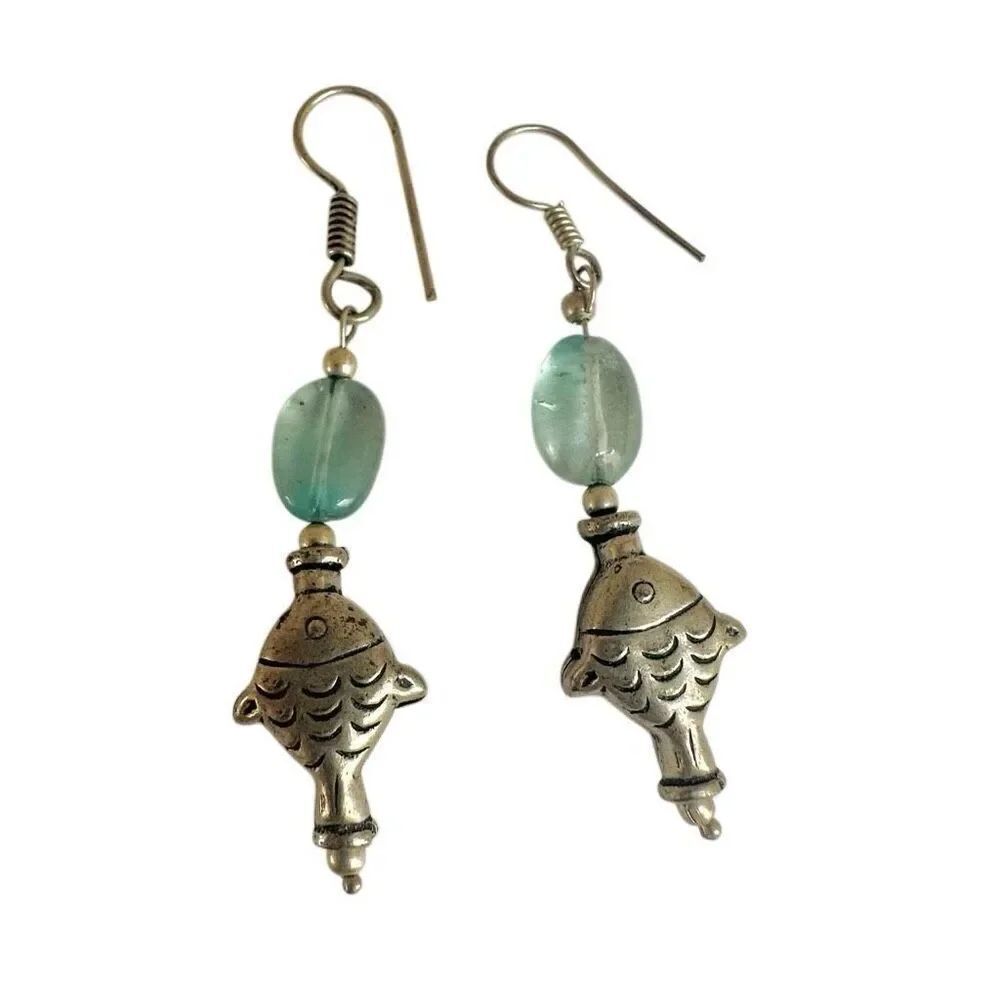 Aqua Bead & Silver-Tone Fish Dangle Earrings
